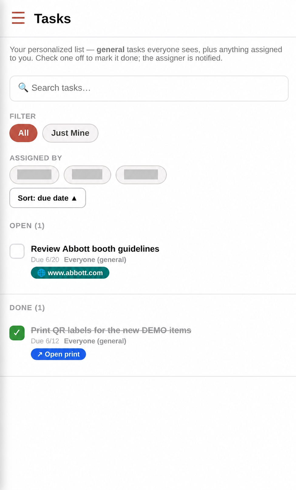 CCI Nexus task-management screen with identifying names fully redacted